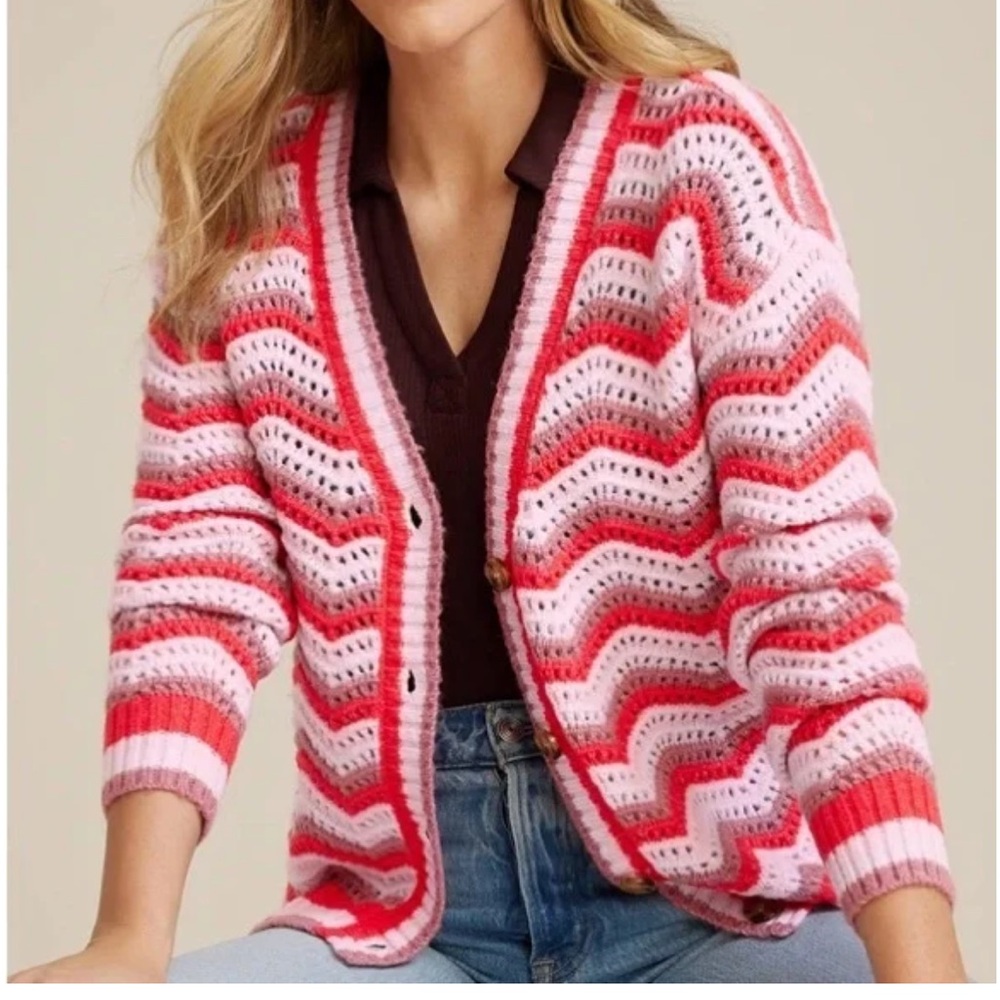 Maurices Pink and Red Chevron crocheted Cardigan Retro Inspired